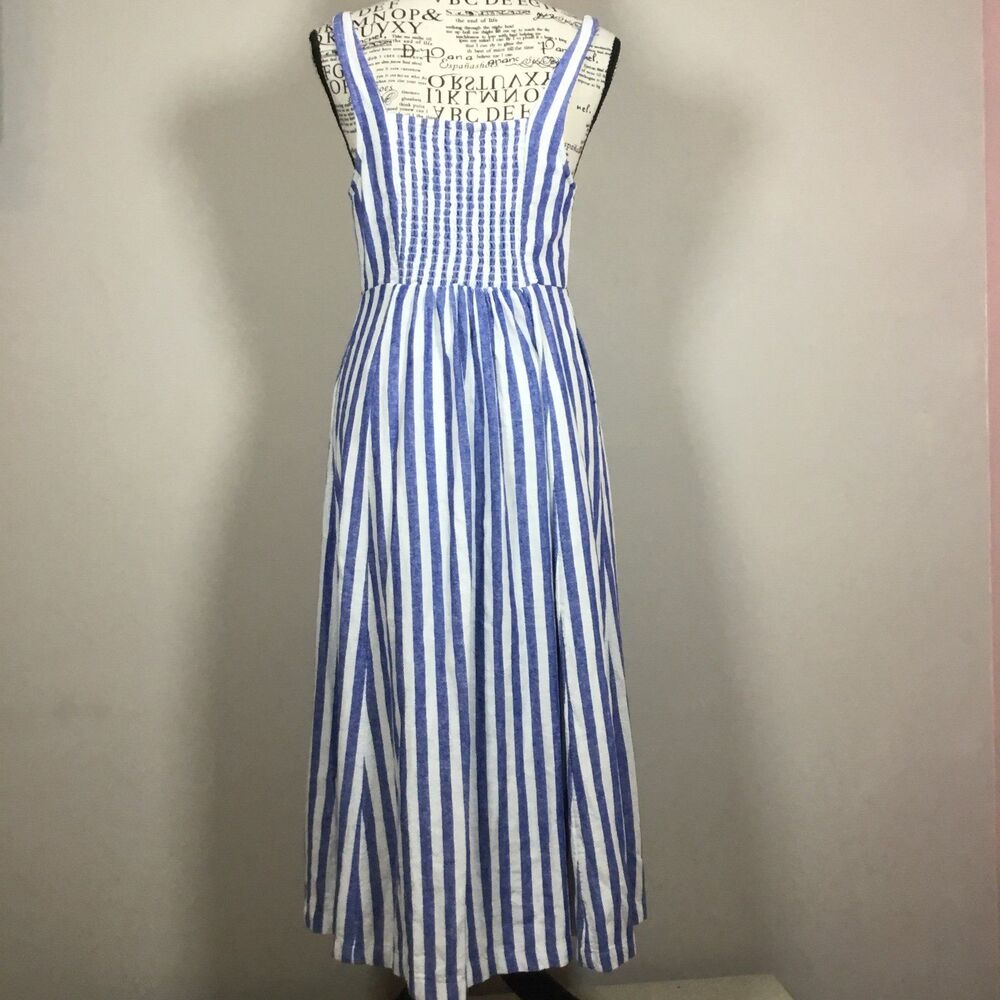 Linen blend maxi dress blue white stripe loveheart neckline smocked back sz S - Picture 5 of 8